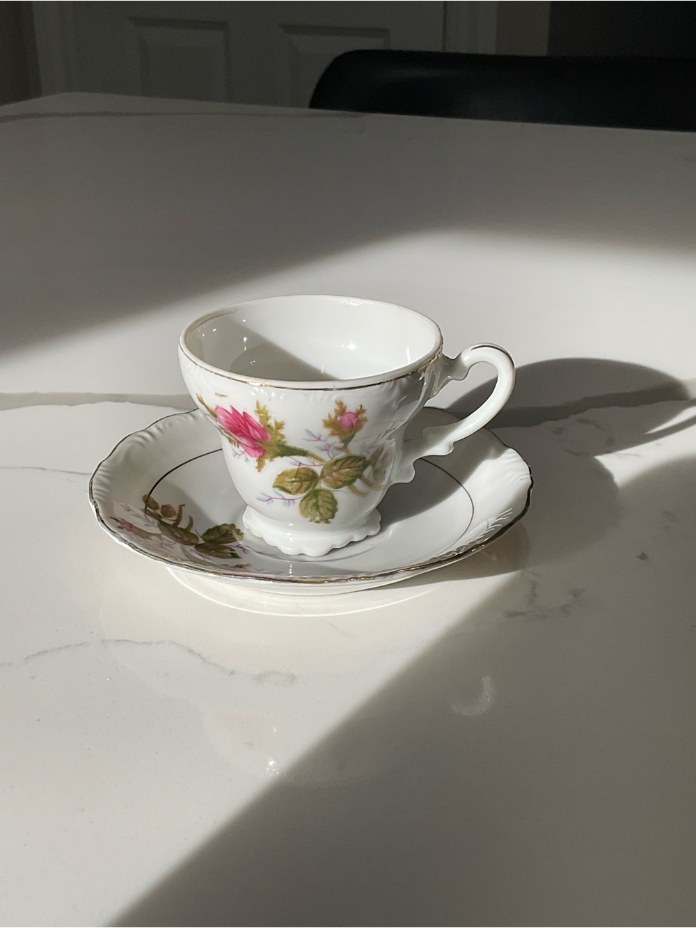 2oz Fine Porcelain White Teacup and Saucer with Pink Rose Accent